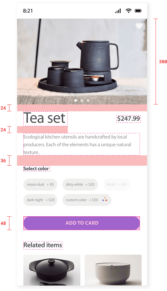 projektowanie designu strony internetowej, pokazanie odległości między elementami i relacji przestrzennych