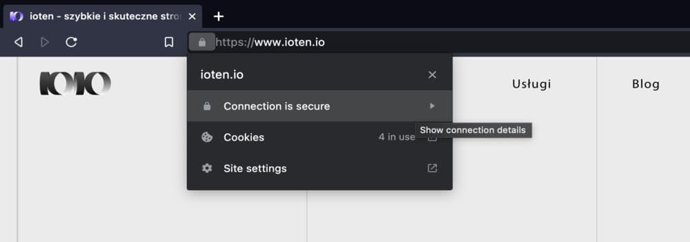 widok po kliknięciu na kłódkę oznaczającą obecność certyfikatu ssl na stronie internetowej ioten