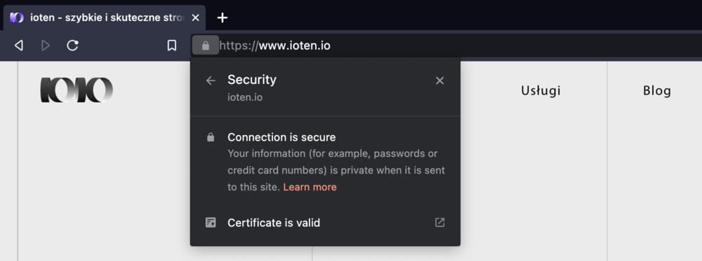 widok po kliknięciu opcji 'connection is secure' na stronie internetowej ioten